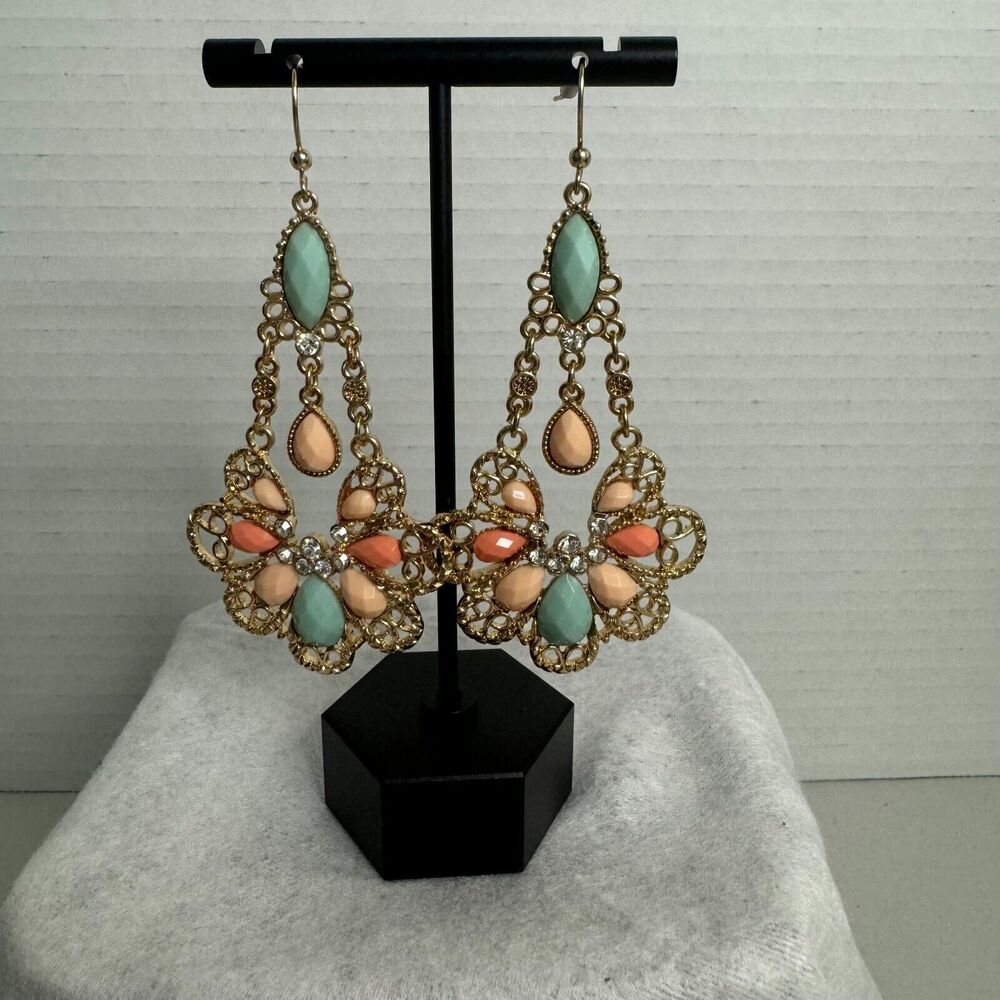 Park Lane Kristen Dangle Statement Earrings Pastel Pink Teal  Gold tone Filigree